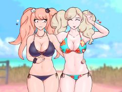 Rule 34 | 2girls, :3, :p, animal hair ornament, arm around shoulder, arm up, armpits, atlus, bear hair ornament, bikini, blonde hair, blue bikini, blue sky, breasts, carfound, cleavage, closed eyes, collarbone, crossover, danganronpa: trigger happy havoc, danganronpa (series), dirt, enoshima junko, eyebrows hidden by hair, fake nails, fence, fingernails, floral bikini, floral print, flower, grass, hair ornament, hand around shoulder, hand on another&#039;s hip, hand on own chest, hand up, heart, heart-shaped pupils, highres, jewelry, large breasts, look-alike, matching outfits, multicolored bikini, multicolored clothes, multiple girls, nail polish, navel, necklace, ocean, persona, persona 5, red flower, red nails, sand, shin megami tensei, sky, source request, standing, swimsuit, symbol-shaped pupils, takamaki anne, thighs, tongue, tongue out, twintails, v, wavy mouth, yuri