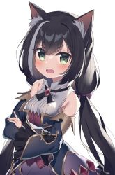 Rule 34 | 1girl, animal ear fluff, animal ears, bare shoulders, black hair, blush, brooch, cat ears, cat girl, commission, crossed arms, detached sleeves, dress, fang, green eyes, highres, jewelry, karyl (princess connect!), looking at viewer, low twintails, multicolored hair, open mouth, princess connect!, simple background, skeb commission, sleeveless, sleeveless dress, solo, streaked hair, twintails, two-tone hair, upper body, wagashi928, white background, white hair