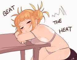 Rule 34 | 10s, 1girl, blonde hair, boku no hero academia, bra, breasts, double bun, english text, closed eyes, female focus, molchuuniya, panties, short twintails, solo, sweat, table, text focus, toga himiko, twintails, underwear, yellow eyes