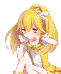 Rule 34 | 10s, 1girl, 3:, akira (ku0427), blonde hair, bow, bowtie, cure peace, frown, hair flaps, hair ornament, hairpin, kise yayoi, long hair, magical girl, precure, sitting, skirt, smile precure!, solo, tears, white background, wide ponytail, wrist cuffs, yellow bow, yellow eyes, yellow skirt, yellow theme