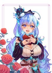 Rule 34 | ahoge, belt, blue eyes, blue hair, box, box of chocolates, breasts, chocolate, cleavage cutout, clothing cutout, crown, detached sleeves, disembodied head, dress, drill hair, drill sidelocks, dullahan, fiery hair, flower, gift, gift box, glowing horns, heart-shaped box, highres, holding, holding gift, horns, incoming gift, large breasts, nashiina, prism project, rikudou yura, rose, sidelocks, sleeveless, sleeveless dress, sword, symbol-shaped pupils, valentine, virtual youtuber, weapon, x-shaped pupils, x x