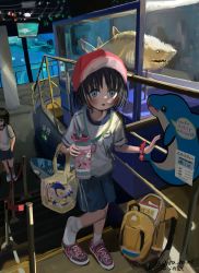 Rule 34 | 2girls, absurdres, aquarium, backpack, bag, baseball cap, black hair, blue eyes, blue shorts, child, female focus, hat, highres, holding, indoors, lanyard, looking at viewer, model, multiple girls, open mouth, original, railing, shark, shiranome, shoes, shorts, sidelighting, sign, single shoe, socks, stairs, stuffed animal, stuffed shark, stuffed toy, thermos, twitter username