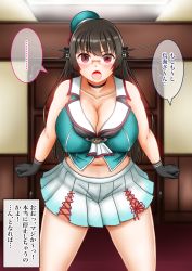 Rule 34 | 1girl, beret, black gloves, black hair, blush, breasts, choker, choukai (kancolle), cleavage, collarbone, commentary, empty eyes, glasses, gloves, green hat, hair between eyes, hat, highres, impossible clothes, indoors, kantai collection, large breasts, long hair, midriff, navel, neckerchief, open mouth, panties, pleated skirt, red eyes, sakuramon, searchlight, skirt, sleeveless, solo, time stop, translated, underwear, uniform, ura tomomi