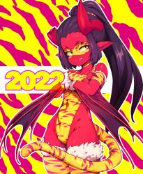 Rule 34 | 1girl, 2022, absurdres, animal print, black hair, broken horn, chinese zodiac, colored skin, commentary, covered navel, crossed arms, evdokiya infernalis, green eyes, highres, horns, long hair, looking at viewer, mask, one-piece swimsuit, original, pointy ears, ponytail, print mask, print thighhighs, red background, red skin, slugbox, solo, swimsuit, tail, thighhighs, tiger print, tiger tail, two-tone background, wings, year of the tiger, yellow background, yellow one-piece swimsuit, yellow thighhighs