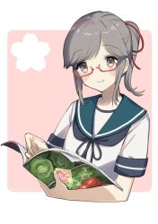 1girl, bespectacled, blue sailor collar, brown eyes, commentary request, eating, floral background, glasses, grey hair, holding, holding magazine, kantai collection, long hair, magazine, open magazine, pink background, red-framed eyewear, sailor collar, school uniform, serafuku, solo, two-tone background, upper body, usugumo (kancolle), yamashichi (mtseven)