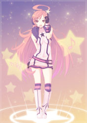 Rule 34 | 1girl, ahoge, bare shoulders, boots, dress, female focus, full body, gloves, glowing, gradient background, headphones, headset, kneehighs, long hair, musical note, open mouth, pink hair, powhu, red eyes, sf-a2 miki, socks, solo, star (symbol), striped clothes, striped gloves, striped socks, striped thighhighs, thighhighs, vocaloid, wrist cuffs