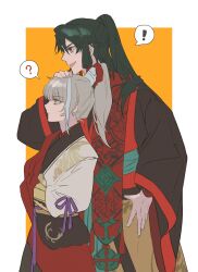 Rule 34 | 2boys, archer (fate/samurai remnant), arm guards, black hanfu, chinese clothes, chinese hairpin, fate/samurai remnant, fate (series), green hair, grey hair, hair ornament, hanfu, headpat, high ponytail, highres, long hair, looking to the side, male focus, multicolored hair, multiple boys, orange background, ponytail, red hanfu, red robe, rgb12800, robe, sidelocks, simple background, streaked hair, white background, white hair, white hanfu, xiao guan (headdress), yellow eyes, zheng chenggong (fate)