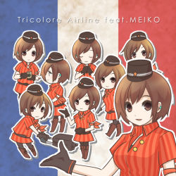 Rule 34 | 1girl, black gloves, black headwear, blush, breasts, brown eyes, brown hair, chibi, closed eyes, closed mouth, collared dress, commentary request, dress, flight attendant, french flag, full body, gloves, hair between eyes, hat, kepi, looking at viewer, luggage, medium breasts, meiko (vocaloid), military hat, open mouth, red dress, short hair, smile, striped clothes, striped dress, tomo-graphy, travel attendant, vocaloid