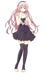 Rule 34 | 1girl, ahoge, barefoot, blue eyes, blue nails, blush, bracelet, breasts, cleavage, courreges ace, dress, face, feet, hairband, jewelry, legs, long hair, megurine luka, nail polish, pink hair, simple background, solo, thighhighs, toeless legwear, toes, very long hair, vocaloid, zettai ryouiki