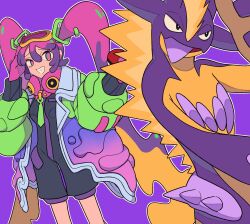 Rule 34 | 1girl, coat, commentary request, creatures (company), crossover, game freak, gen 8 pokemon, gloves, green necktie, grin, hatsune miku, highres, long hair, long sleeves, necktie, nintendo, open clothes, open coat, outline, overall shorts, overalls, pink gloves, pink hair, poison miku (project voltage), pokemon, pokemon (creature), project voltage, purple background, raised eyebrows, smile, teeth, toxtricity, toxtricity (amped), twintails, tyako 089, vocaloid