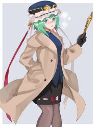 Rule 34 | 1girl, black skirt, blue hat, blue vest, blush, bright pupils, brown coat, coat, frilled hat, frills, green eyes, green hair, hand in pocket, hat, highres, long sleeves, looking at viewer, open mouth, rod of remorse, shiki eiki, short hair, simple background, skirt, solo, standing, tohoyuukarin, touhou, vest, white background, white pupils, winter clothes