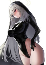 Rule 34 | 1girl, black headwear, black leotard, black thighhighs, blue archive, blush, breasts, covered navel, grey hair, halo, highleg, highleg leotard, highres, justina follower (blue archive), large breasts, leotard, long hair, looking at viewer, mitsukichi, nun, parted lips, purple eyes, sakurako (blue archive), simple background, solo, thighhighs, thighs, white background