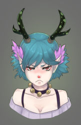 Rule 34 | 1girl, angry, antlers, artist request, bare shoulders, bell, blue hair, breasts, c (control), choker, cleavage, hair ornament, head wings, highres, horns, pointy ears, q (control), red eyes, red nose, short hair, solo, wings