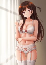 Rule 34 | 1girl, bare arms, bare shoulders, blush, bow, bow bra, bow panties, bra, braid, breasts, brown eyes, brown hair, cleavage, closed mouth, commentary, curtains, garter belt, head tilt, highres, indoors, kanojo okarishimasu, kazenokaze, lingerie, long hair, looking at viewer, medium breasts, mizuhara chizuru, navel, one side up, panties, pulling own clothes, smile, solo, standing, strap pull, thighhighs, transparent, underwear, underwear only, very long hair, white bra, white panties, white thighhighs, window
