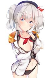 Rule 34 | 10s, 1girl, ashino, beret, black panties, blue eyes, bra, breasts, epaulettes, frilled sleeves, frills, hat, kantai collection, kashima (kancolle), long hair, panties, silver hair, simple background, solo, twintails, underwear, undressing, wavy hair