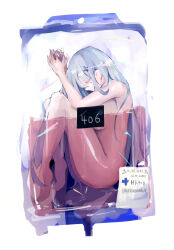 Rule 34 | 1girl, arms up, barcode, blood, blood bag, breasts, character name, closed eyes, closed mouth, commentary, completely nude, convenient censoring, cross hair ornament, english commentary, fetal position, from side, girls&#039; frontline, grey hair, hair ornament, highres, hk416 (girls&#039; frontline), in container, large breasts, long hair, nude, own hands together, profile, simple background, solo, teardrop facial mark, todoroki mushi, white background