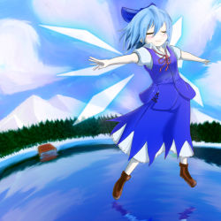 Rule 34 | 1girl, bad id, bad pixiv id, blue hair, bow, chuukarudoruhu, cirno, closed eyes, embodiment of scarlet devil, female focus, forest, full body, gradient background, hair bow, nature, outdoors, outstretched arms, plant, short hair, skirt, sky, solo, spread arms, touhou, wings
