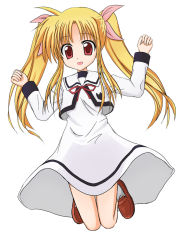 Rule 34 | 00s, 1girl, :d, ahoge, arms up, bare legs, blonde hair, blush, bow, brown footwear, fate testarossa, full body, hair ribbon, jumping, loafers, long hair, long sleeves, looking at viewer, lyrical nanoha, mahou shoujo lyrical nanoha, mahou shoujo lyrical nanoha a&#039;s, mugityax, open mouth, red eyes, red ribbon, ribbon, school uniform, shoes, sidelocks, simple background, smile, solo, twintails, white background