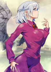 Rule 34 | 1girl, bow, bowtie, braid, breasts, contrapposto, dress, french braid, highres, impossible clothes, impossible shirt, kishin sagume, large breasts, long sleeves, no jacket, purple dress, red eyes, shirt, silver hair, single wing, solo, standing, touhou, umigarasu (kitsune1963), wings