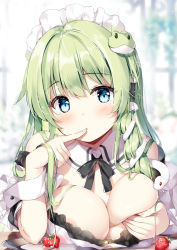 Rule 34 | 1girl, alternate costume, areola slip, bare shoulders, blue eyes, blurry, blurry background, blush, breasts, commentary request, enmaided, finger to mouth, food, frog hair ornament, fruit, green hair, hair ornament, hair tubes, hand up, kochiya sanae, large breasts, long hair, looking at viewer, maid, maid headdress, miyase mahiro, single sidelock, snake hair ornament, solo, strawberry, touhou, upper body, wrist cuffs
