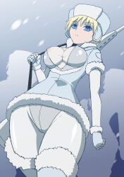 Rule 34 | 1girl, beast anime, blonde hair, blue eyes, breasts, closed mouth, covered erect nipples, from below, fur-trimmed jacket, fur hat, fur trim, gun, hat, highres, jacket, large breasts, original, outdoors, panties, panties under pantyhose, pantyhose, rifle, short hair, sniper rifle, snow, snowing, solo, underwear, weapon, white panties, white pantyhose