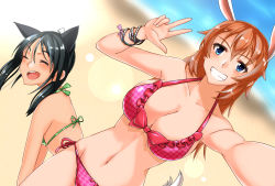 Rule 34 | 2girls, animal ears, beach, bikini, black ears, black hair, blue eyes, blush, breasts, cat ears, charlotte e. yeager, cleavage, closed eyes, collarbone, day, dutch angle, francesca lucchini, groin, highres, hiroshi (hunter-of-kct), large breasts, long hair, multiple girls, navel, orange hair, rabbit ears, rabbit girl, rabbit tail, reaching, reaching towards viewer, sand, selfie, side-tie bikini bottom, smile, strike witches, swimsuit, tail, world witches series