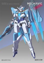 Rule 34 | 00 qan[t], blue eyes, character name, clenched hand, commentary, commission, english commentary, floating, fusion, gundam, gundam 00, gundam 00 a wakening of the trailblazer, gundam build fighters, gundam build fighters try, harryych, highres, holding, holding sword, holding weapon, mecha, robot, science fiction, solo, sword, transient gundam, twitter username, v-fin, weapon