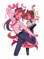 2girls :d ;d absurdres animal_ears appleq arm_up black_footwear black_pants black_pantyhose blush blush_stickers brown_hair brown_shirt collared_shirt commentary_request cropped_legs dress_shirt ears_through_headwear flower-shaped_pupils grey_background hand_up hat high_heels highres horse_ears horse_girl horse_tail long_hair long_sleeves multiple_girls necktie north_flight_(umamusume) notice_lines ok_sign ok_sign_over_eye one_eye_closed open_mouth pants pantyhose paw_pose pink_necktie pink_skirt ponytail puffy_long_sleeves puffy_sleeves purple_eyes red_footwear red_hat sakura_bakushin_o_(umamusume) shirt shoe_soles simple_background skirt smile standing standing_on_one_leg suspender_skirt suspenders symbol-shaped_pupils tail tilted_headwear translation_request umamusume v-shaped_eyebrows very_long_hair white_shirt