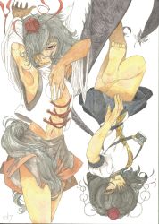 Rule 34 | 2girls, absurdres, animal ears, armpits, barefoot, black hair, black skirt, black wings, breasts, camera, color ink (medium), colored eyelashes, cowboy shot, detached sleeves, feathered wings, feathers, graphite (medium), hair over one eye, hand up, hat, highres, huge filesize, inubashiri momiji, large wings, leg up, legs, midriff, multiple girls, navel, no bra, open clothes, open vest, pom pom (clothes), red eyes, romps, shameimaru aya, shirt, short sleeves, signature, silver hair, skirt, sleeveless, small breasts, smile, soles, stomach, tail, thighs, toes, tokin hat, touhou, traditional media, turtleneck, upside-down, vest, wavy hair, white shirt, white vest, wide sleeves, wings, wolf ears, wolf tail