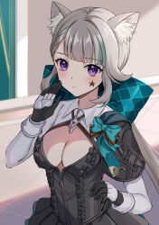 Rule 34 | 1girl, animal ears, argyle, black capelet, black dress, black gloves, blush, bow, breasts, capelet, cat ears, cat girl, cleavage, cleavage cutout, clothing cutout, collared dress, dress, facial mark, genshin impact, gloves, green bow, green skirt, grey hair, harimoji, highres, layered skirt, long hair, looking at viewer, lynette (genshin impact), medium breasts, ponytail, purple eyes, sidelocks, skirt, solo, star (symbol), star facial mark, two-tone gloves, white gloves, white sleeves
