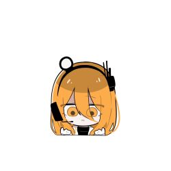 1girl a.i._voice adachi_rei alternate_hair_length alternate_hairstyle chibi commentary eyes_visible_through_hair hair_between_eyes hands_up headlamp headset highres holding holding_own_hair long_hair long_hair_between_eyes orange_eyes orange_hair parted_lips poppocha portrait radio_antenna simple_background solo straight-on utau white_background