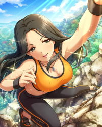 Rule 34 | 10s, 1girl, bare shoulders, breasts, brown eyes, brown hair, cleavage, forest, helen (idolmaster), idolmaster, idolmaster cinderella girls, jewelry, large breasts, long hair, matching hair/eyes, nature, navel, necklace, official art, rock climbing, solo, sports bra, sweat, wristband