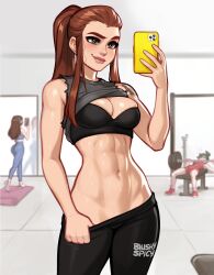 Rule 34 | 3girls, artist name, ass, bare arms, bare shoulders, black pants, blushyspicy, breasts, brigitte (overwatch), brown eyes, brown hair, closed mouth, clothes lift, cowboy shot, d.va (overwatch), freckles, gym, gym uniform, highres, holding, holding phone, large breasts, long hair, multiple girls, navel, overwatch, pants, phone, ponytail, red shirt, red shorts, shirt, shirt lift, shorts, shoulder tattoo, sidelocks, smile, stomach, tattoo