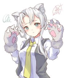 Rule 34 | 1girl, adapted costume, animal ear fluff, animal ears, animal hands, asymmetrical hair, black vest, calin, dated, dress shirt, flipped hair, gloves, grey eyes, highres, kantai collection, long sleeves, necktie, nowaki (kancolle), official alternate costume, one-hour drawing challenge, paw gloves, shirt, signature, silver hair, simple background, solo, swept bangs, upper body, vest, white background, white shirt, wolf ears, yellow necktie
