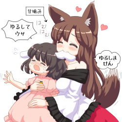 Rule 34 | 2girls, animal ear fluff, animal ears, bare shoulders, bebeneko, biting, black hair, blush, breasts, brooch, brown hair, carrot necklace, closed eyes, commentary request, cowboy shot, crying, dress, ear biting, floppy ears, flying sweatdrops, frilled dress, frilled sleeves, frills, heart, hug, hug from behind, imaizumi kagerou, inaba tewi, jewelry, long hair, long sleeves, mg mg, multiple girls, necklace, off-shoulder dress, off shoulder, open mouth, pink dress, puffy short sleeves, puffy sleeves, rabbit ears, short hair, short sleeves, simple background, tail, tail wagging, touhou, translation request, white background, white dress, wolf ears, wolf tail