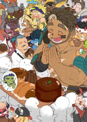 Rule 34 | 6+boys, ^ ^, another eidos-r, bara, barboros (another eidos), beard, billford (another eidos), blurry, bread, cake, character request, chef, chest hair peek, clapping, closed eyes, content rating, dark-skinned male, dark skin, deformed, demon boy, depth of field, double v, faceless, facial hair, food, food theft, from above, fugur6 fugur9, full beard, gaia (another eidos), giant, giant male, gorilla boy, grey hair, gymnos (another eidos), harold (another eidos), headband, highres, huge eyebrows, laughing, male focus, mature male, meat, milestone celebration, mini person, miniboy, multiple boys, muscular, muscular male, mustache, mustache stubble, nipples, on shoulder, orc, pugi (another eidos), satan (another eidos), short hair, stalon (another eidos), stubble, tearing up, thick beard, thick eyebrows, thick mustache, v, yuno (another eidos)