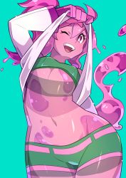 Rule 34 | absurdres, bra, breasts, clothes lift, green bra, highres, monster girl, one eye closed, open mouth, purole skin, purple eyes, purple hair, shirt, shirt lift, slime girl, small breasts, see-through body, underwear, white shirt
