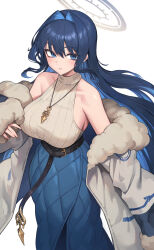 1girl bare_shoulders belt black_belt blue_eyes blue_hair blue_skirt breasts coat commentary english_commentary from_above fur-trimmed_coat fur_trim grey_coat grey_halo hair_intakes halo highres hololive hololive_english jewelry large_breasts long_hair long_skirt looking_to_the_side necklace off_shoulder oopartz_yang ouro_kronii ribbed_shirt shirt sidelocks skirt sleeveless sleeveless_shirt solo turtleneck turtleneck_shirt very_long_hair white_background