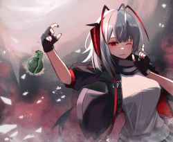 Rule 34 | 1girl, ahoge, arknights, black gloves, black jacket, black scarf, breasts, demon girl, demon horns, demon tail, explosive, fingerless gloves, gloves, grenade, grenade pin, grey hair, grey shirt, highres, horns, jacket, large breasts, looking at viewer, medium hair, nail polish, one eye closed, open clothes, open jacket, parted lips, red eyes, red nails, sanukiske, scarf, shirt, solo, tail, throwing, upper body, w (arknights)