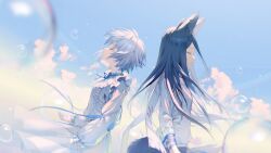 Rule 34 | animal ears, blue ribbon, blue sky, center frills, character request, closed eyes, cloud, commentary request, day, dress, frills, from side, grey hair, highres, long hair, long sleeves, myo sotis, nkshoujo, open mouth, outdoors, profile, puffy long sleeves, puffy sleeves, ribbon, ritsuki, shirt, short sleeves, sky, sleeves past wrists, tail, very long hair, virtual youtuber, white dress, white shirt