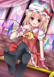 Rule 34 | 1girl, ascot, black thighhighs, blonde hair, blush, couch, crystal, curtains, esureki, fangs, feet, flandre scarlet, hat, open mouth, red eyes, ribbon, short hair, side ponytail, sitting, skirt, smile, solo, stained glass, thighhighs, touhou, vest, wings