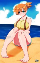 Rule 34 | 1girl, adapted costume, arm under breasts, asymmetrical hair, bare legs, bare shoulders, barefoot, beach, between legs, blush, breasts, cloud, collarbone, creatures (company), denim, denim shorts, full body, game freak, green eyes, gym leader, hair between eyes, hair tie, hand between legs, highres, horizon, jadenkaiba, knees up, large breasts, legs, looking at viewer, misty (pokemon), navel, nintendo, orange hair, pokemon, pokemon (anime), pokemon (classic anime), ponytail, sand, shiny skin, shirt, shore, short hair, short ponytail, short shorts, shorts, side ponytail, simple background, sky, smile, solo, suspenders, tank top, teeth, thick thighs, thighs, toes, water, watermark, web address, wide hips, yellow shirt, yellow tank top