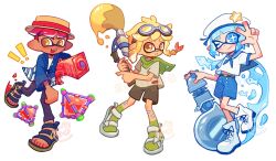 Rule 34 | !, !!, 1girl, 2boys, :d, belt, black footwear, black shorts, blonde hair, blue eyes, blue hair, blue shorts, bright pupils, brown headwear, closed mouth, commentary, commission, cross-laced footwear, eyelashes, full body, goggles, goggles on head, green socks, gun, hat, hat ornament, highres, sports sandals, holding, holding gun, holding weapon, inkbrush (splatoon), inkling, inkling boy, inkling girl, inkling player character, looking at viewer, medium hair, multiple boys, nautilus (splatoon), nintendo, one eye closed, open mouth, paint, pointy ears, red hair, sailor collar, sailor shirt, sample watermark, sandals, shirt, shoes, short hair, shorts, simple background, smile, socks, splat bomb (splatoon), splatoon (series), splatoon 3, splattershot jr (splatoon), standing, standing on one leg, star-shaped pupils, star (symbol), star hat ornament, symbol-only commentary, symbol-shaped pupils, teeth, tentacle hair, thick eyebrows, throwing, tokkibada, upper teeth only, w, watermark, weapon, white background, white footwear, white headwear, white pupils, yellow eyes