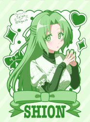 Rule 34 | 1girl, :o, blush, bow, character name, colored eyelashes, commentary, eyes visible through hair, frilled shirt collar, frilled sleeves, frills, green background, green bow, green eyes, green hair, half updo, hands up, heart, highres, higurashi no naku koro ni, long hair, looking at viewer, open mouth, parted bangs, puffy short sleeves, puffy sleeves, shirt, short sleeves, signature, simple background, sleeves past wrists, solo, sonozaki shion, sparkle, steepled fingers, straight hair, sweater, taiga sb, turtleneck, turtleneck sweater, twitter username, upper body, very long hair, white shirt