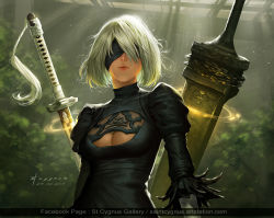 Rule 34 | 1girl, 2017, absurdres, artist name, artstation username, black dress, black gloves, black hairband, black legwear, blindfold, breasts, bush, chain, covered eyes, dated, day, dress, elbow gloves, facebook username, feather-trimmed sleeves, feather trim, gloves, greatsword, hair over one eye, hairband, highres, huge weapon, indoors, juliet sleeves, katana, light rays, lips, long sleeves, looking at viewer, medium breasts, mole, mole under mouth, nier:automata, nier (series), nose, parted lips, pink lips, puffy sleeves, ribbed dress, short dress, short hair, signature, silver hair, solo, st. cygnus, standing, sunbeam, sunlight, sword, tassel, tree, upper body, vambraces, watermark, weapon, web address, white gloves, 2b (nier:automata)