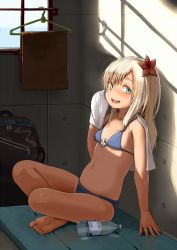 Rule 34 | 10s, 1girl, :d, alternate costume, barefoot, bikini, blue bikini, blue eyes, blush, bottle, breasts, cleavage, clothes hanger, feet, flower, hair flower, hair ornament, kantai collection, long hair, navel, one-piece tan, open mouth, ro-500 (kancolle), satsuki neko, sitting, small breasts, smile, soles, swimsuit, tan, tanline, towel, water bottle