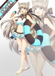 Rule 34 | 1girl, animal ears, anri mike, bikini, black ribbon, blue eyes, cat ears, cat tail, full body, grey hair, highres, holding, holding ice cream cone, holding swim ring, ice cream cone, innertube, legs, long hair, looking at viewer, navel, open mouth, original, ribbon, sandals, swim ring, swimsuit, tail, toenails, toes, translation request, zoom layer