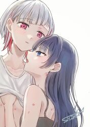 2girls artist_name bite_mark bite_mark_on_shoulder black_camisole blue_eyes blue_hair camisole colored_inner_hair commentary_request dark_blue_hair diagonal_bangs grey_hair hair_down half-closed_eyes hand_under_clothes hand_under_shirt highres link!_like!_love_live! long_hair love_live! mole mole_on_neck multicolored_hair multiple_girls murano_sayaka open_mouth parted_lips pink_eyes profile red_hair shirt short_hair signature simple_background streaked_hair suito tank_top teeth virtual_youtuber white_background white_tank_top yugiri_tsuzuri yuri