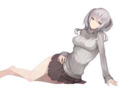 Rule 34 | 1girl, arm support, black skirt, breasts, grey eyes, grey hair, grey sweater, highres, inushi, kantai collection, kashima (kancolle), legs, long hair, looking at viewer, lying, medium breasts, on side, parted lips, pleated skirt, ribbed sweater, sidelocks, simple background, skirt, solo, sweater, turtleneck, turtleneck sweater, twintails, white background