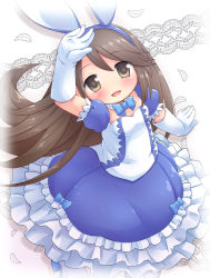 Rule 34 | 1girl, 5pb., agnes oblige, animal ears, bad id, bad pixiv id, blush, bow, bravely default: flying fairy, bravely default (series), brown eyes, brown hair, rabbit ears, dress, elbow gloves, fake animal ears, frilled dress, frills, gloves, hairband, long hair, looking at viewer, mizuno mumomo, open mouth, solo, white gloves